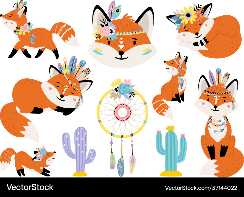 Cute Foxes & Dreamcatchers Vector Image