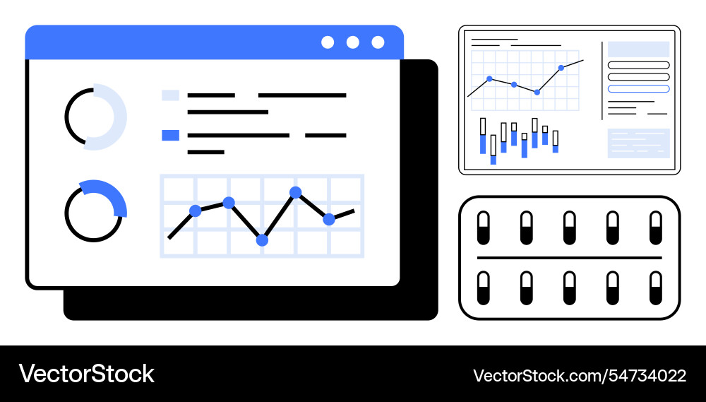 Dashboard with graphs and data visualizations Dashboard with graphs and data visualizations vector image