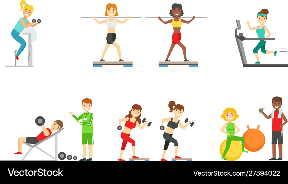 People doing sports in gym with equipment People doing sports in gym with equipment vector image