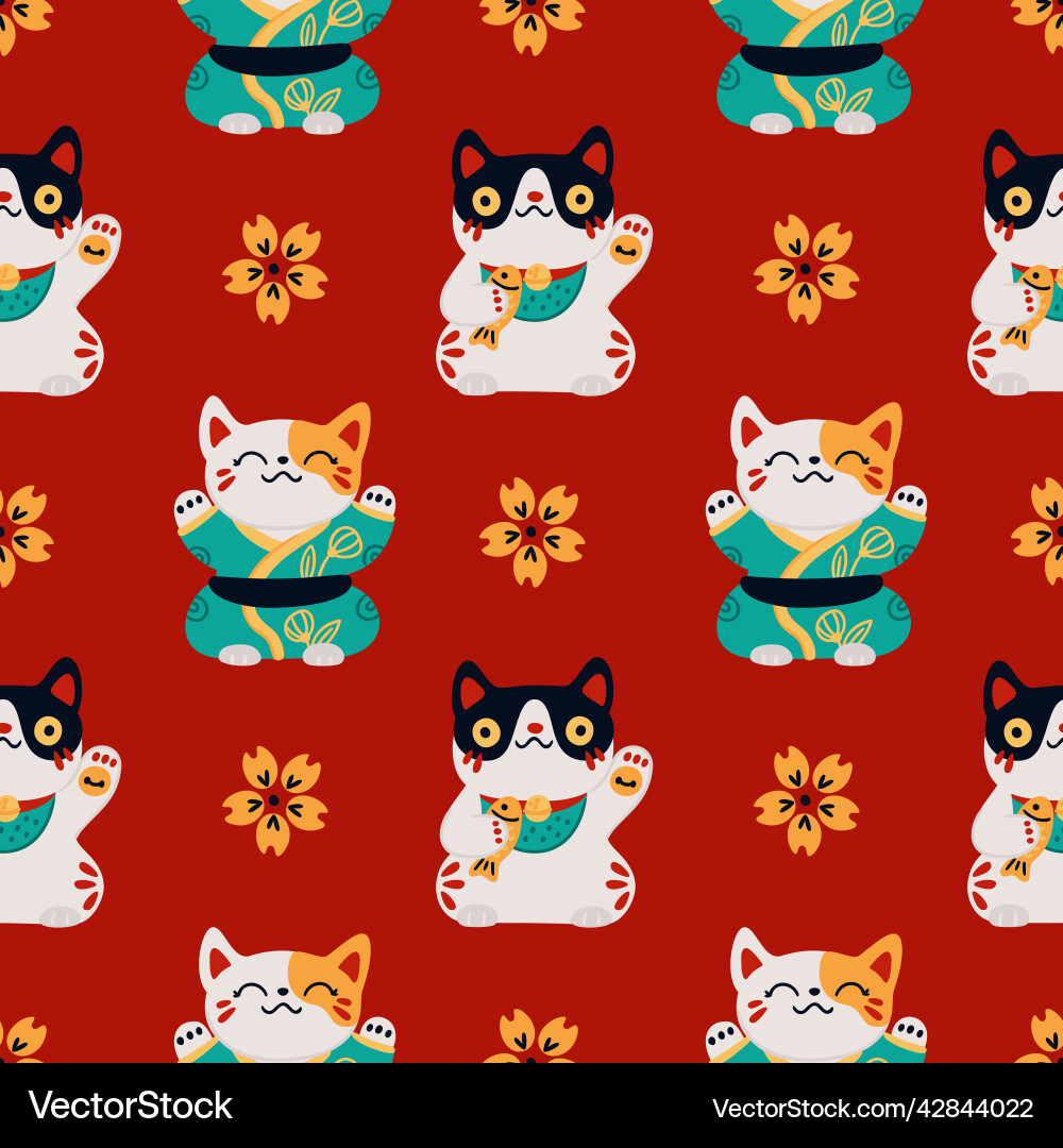 Seamless japanese maneki cats lucky asian symbols Seamless japanese maneki cats lucky asian symbols vector image