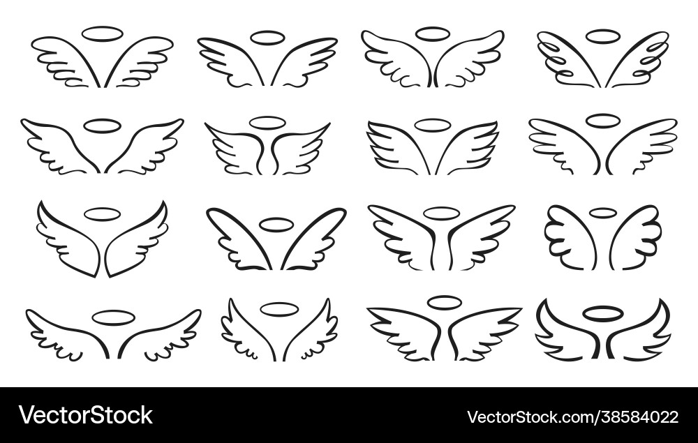 Sketch wing pair angel wings with halo cute Sketch wing pair angel wings with halo cute vector image