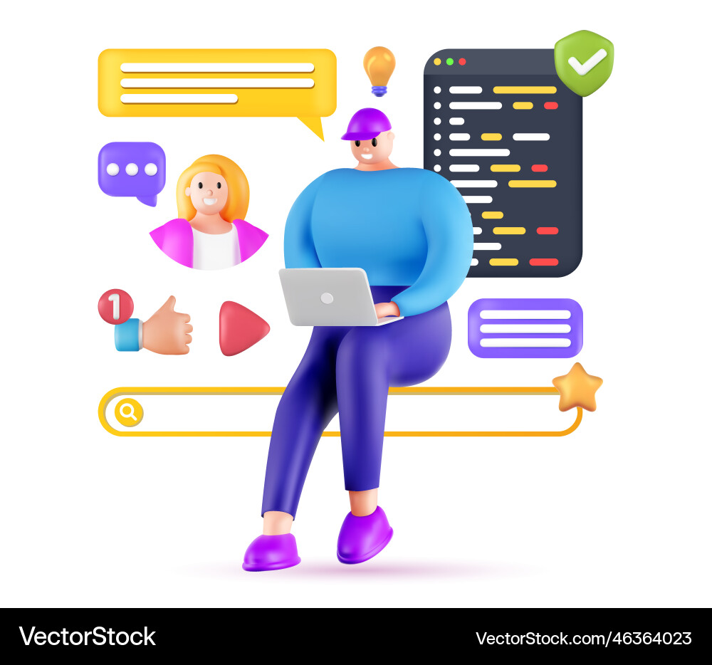 3d cartoon character with computer Vector Image