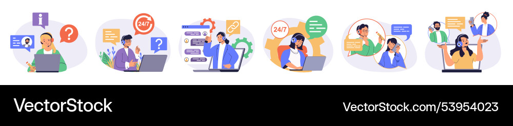 Call center concept set with characters in flat Call center concept set with characters in flat Vector Image