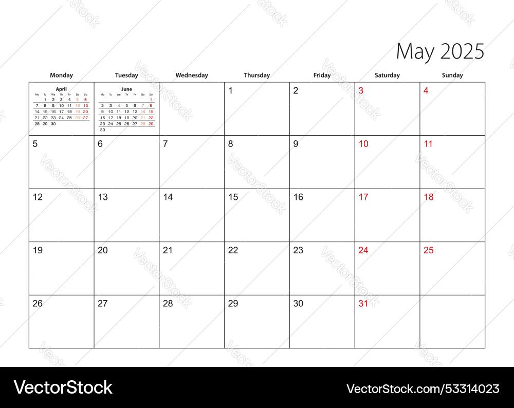 May 2025 simple calendar planner week starts from Vector Image