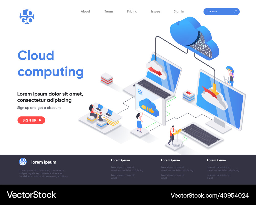 Cloud computing isometric landing page hosting Cloud computing isometric landing page hosting vector image