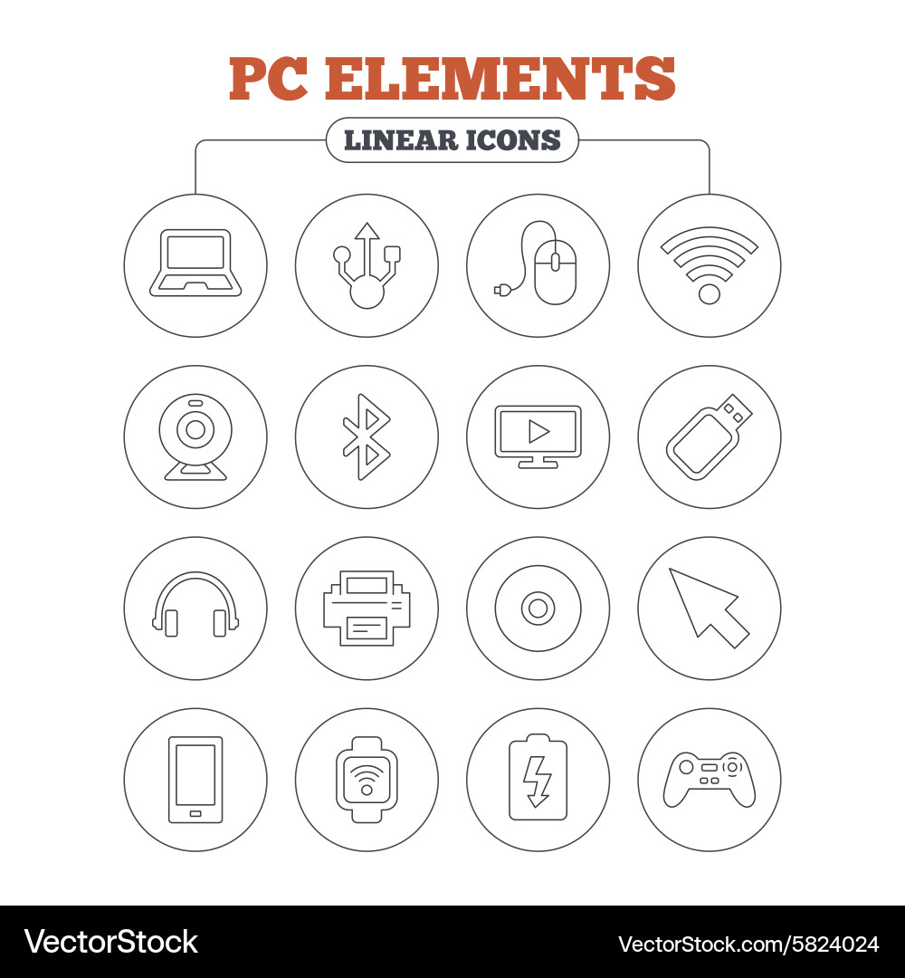 Computer elements icons notebook usb port vector image
