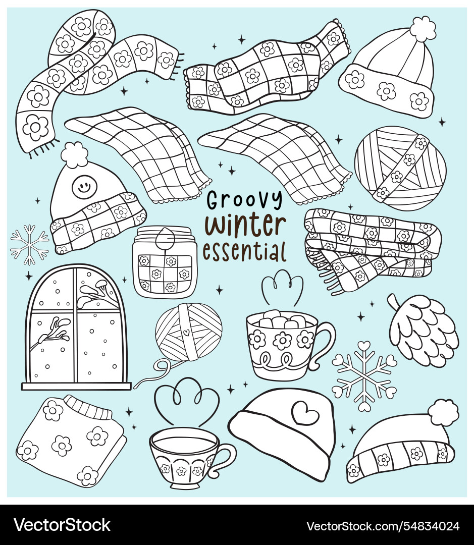 Cute groovy retro winter things essential stuff Cute groovy retro winter things essential stuff vector image