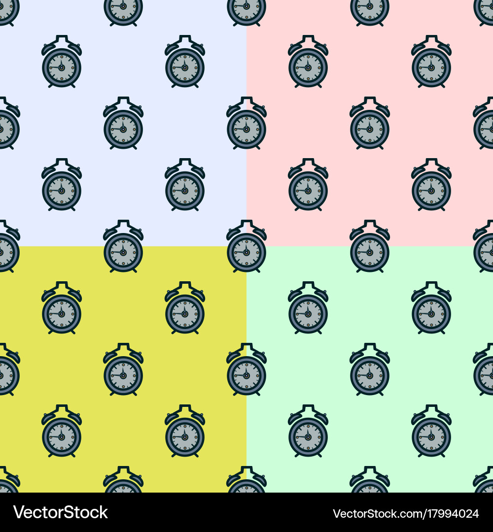 Set seamless pattern alarm clock on colorful vector image