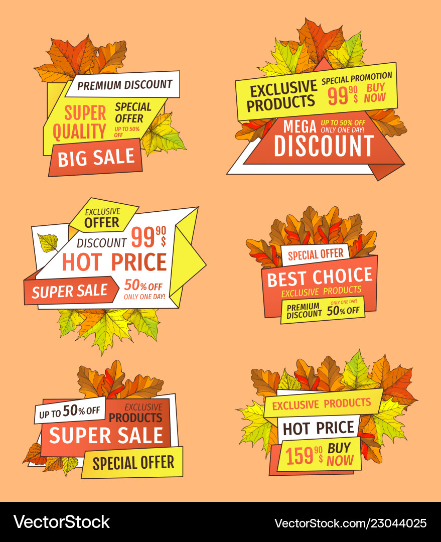 Autumn half price advertising emblems foliage Autumn half price advertising emblems foliage vector image