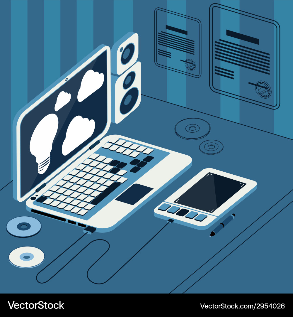 Laptop with tablet and columns on table Vector Image