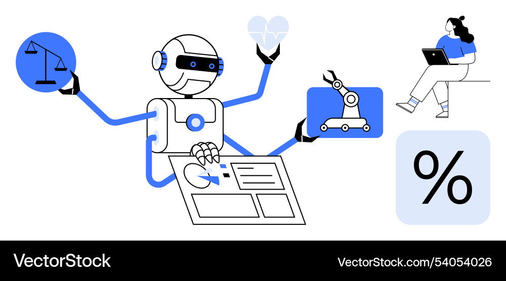 Multi-tasking robot engaging in various tasks Multi-tasking robot engaging in various tasks vector image
