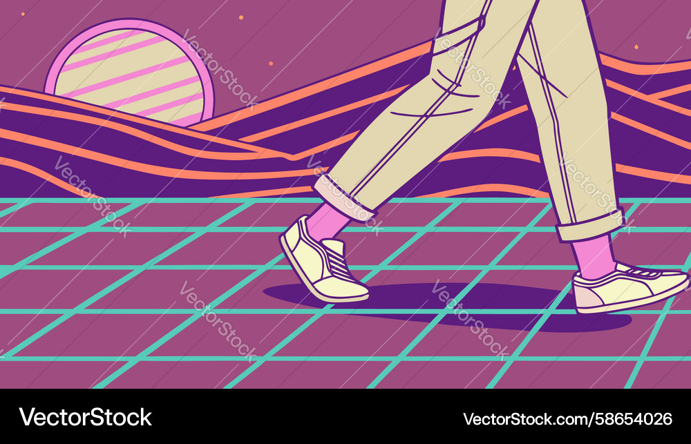 Retro synthwave walking figure on grid design Vector Image