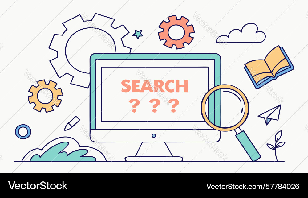 Search query on computer screen with magnifying vector image