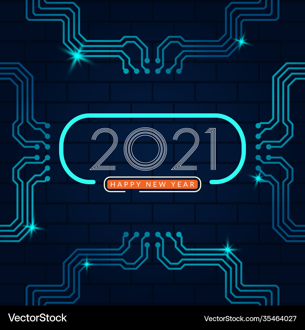 2021 happy new year text design with circuit 2021 happy new year text design with circuit vector image