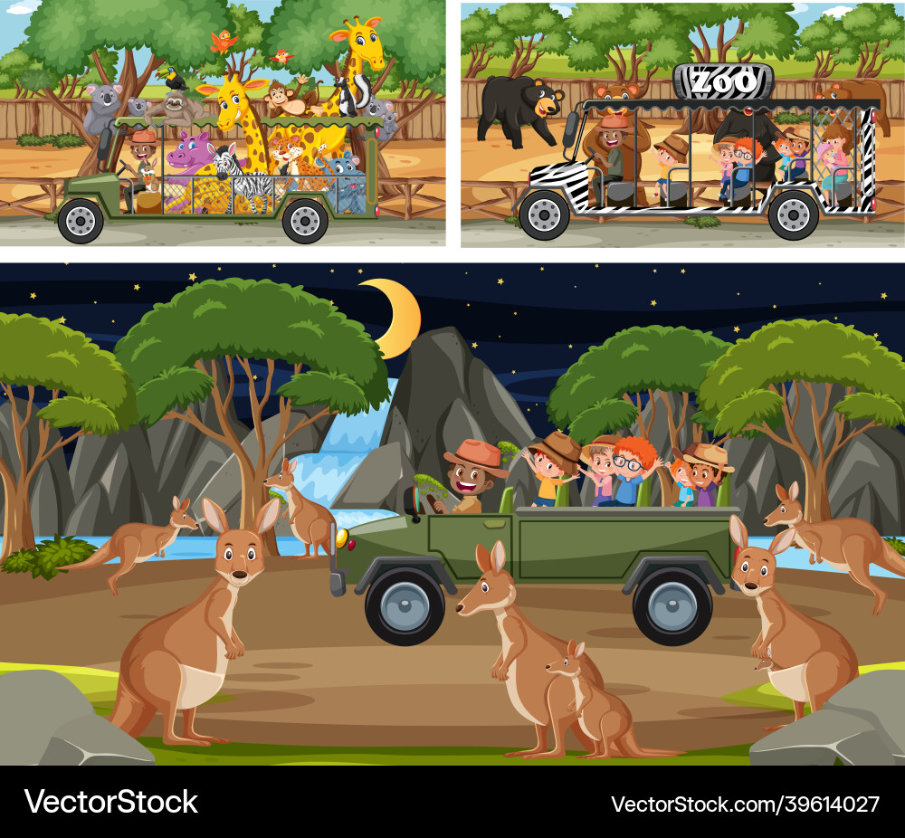 Different safari scenes with animals and kids Different safari scenes with animals and kids vector image