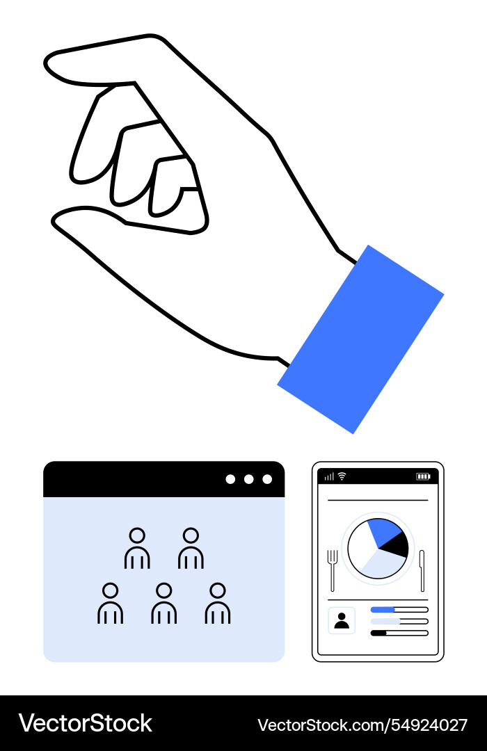 Hand gesture with interface screens representing Hand gesture with interface screens representing vector image