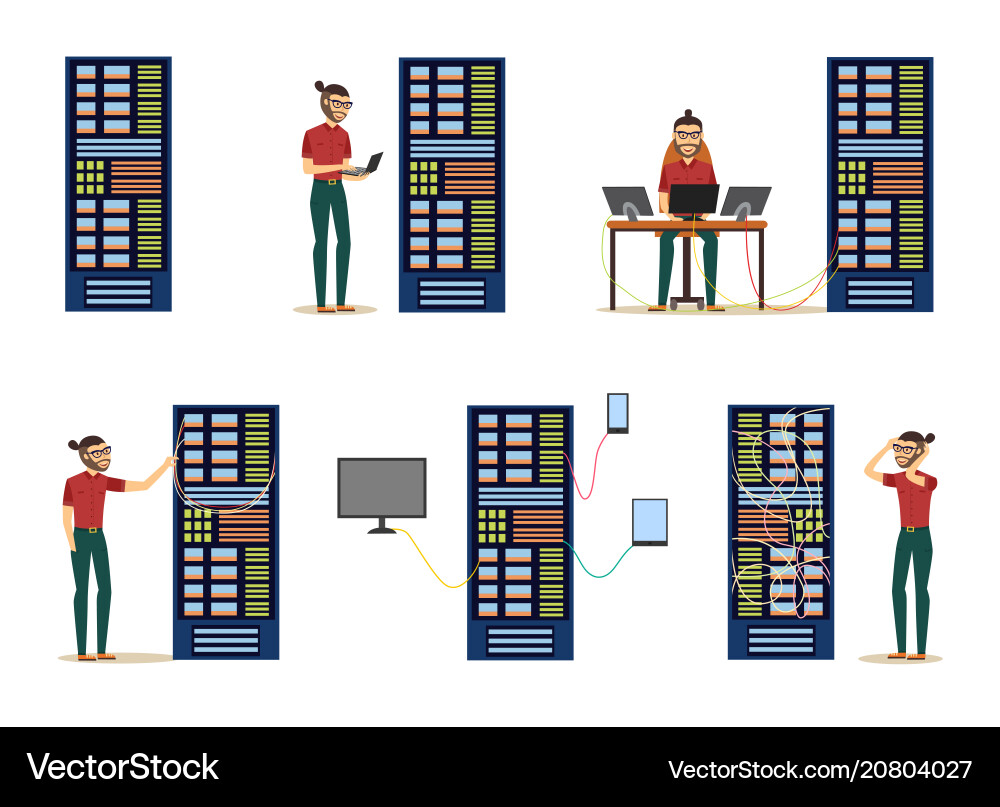 Set of server room images with data center Set of server room images with data center Vector Image