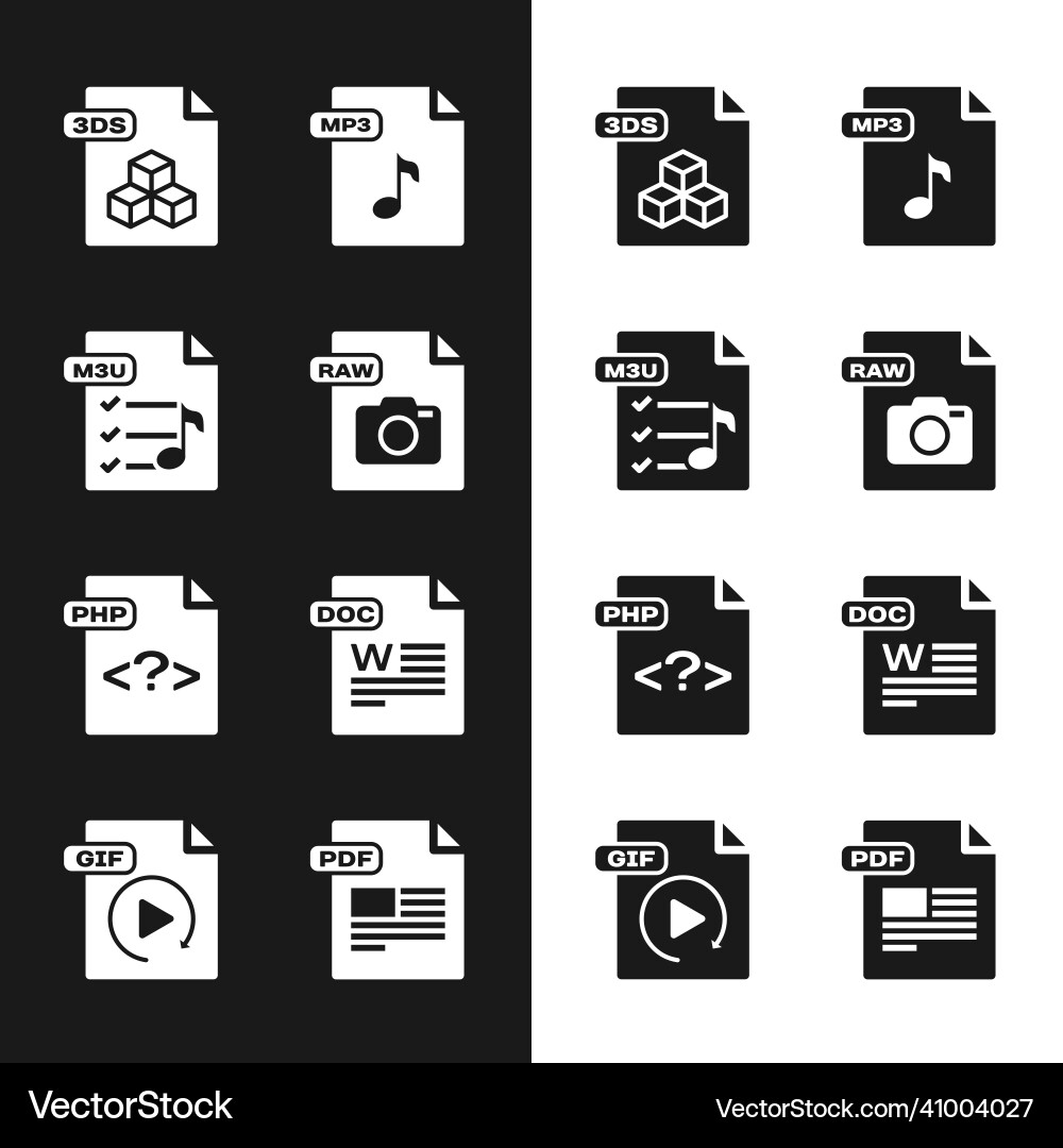 Set raw file document m3u 3ds mp3 php doc Vector Image