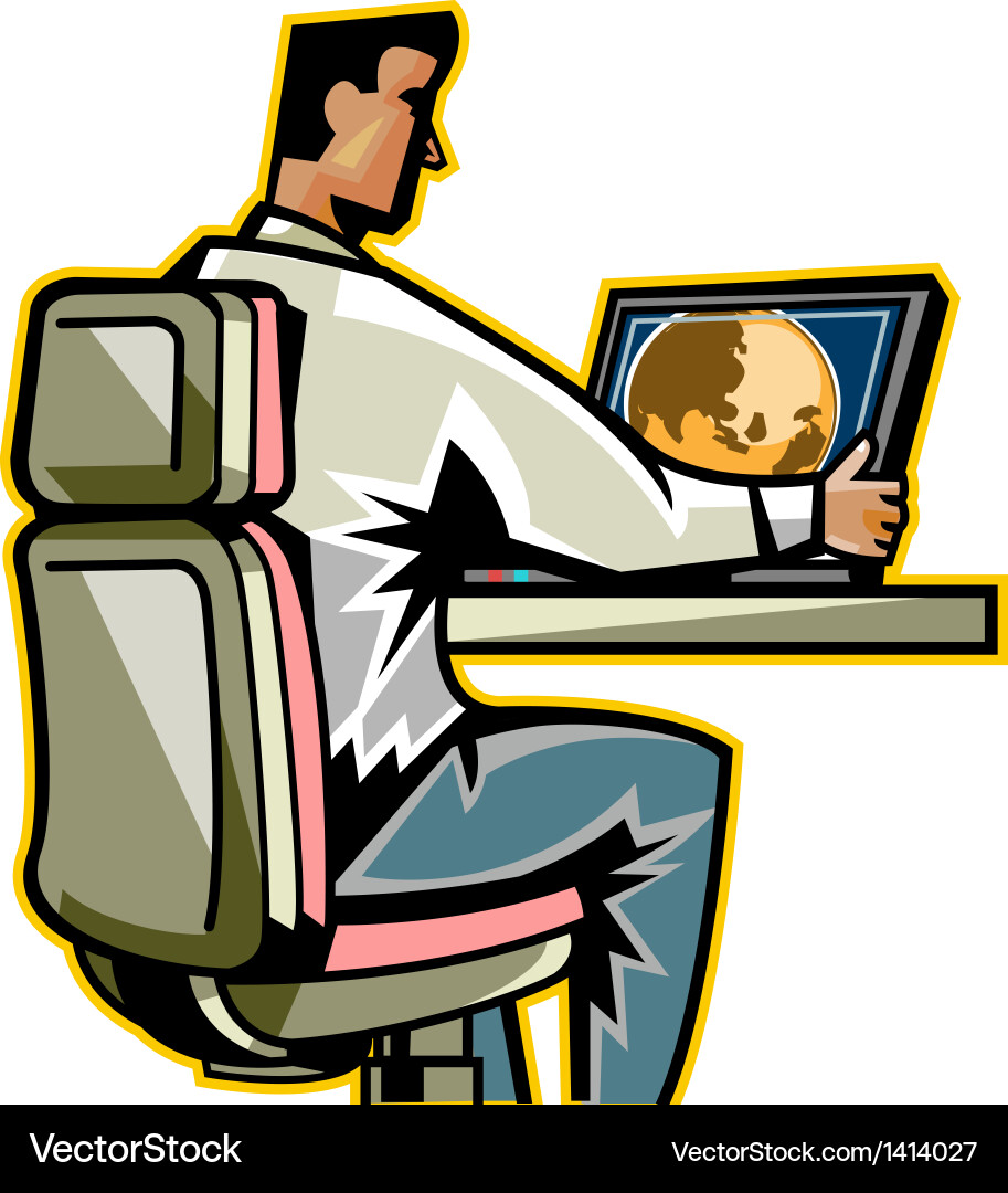 Side view of man sitting by computer Vector Image