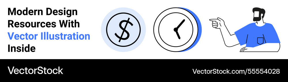 Man pointing at dollar and clock icons Vector Image