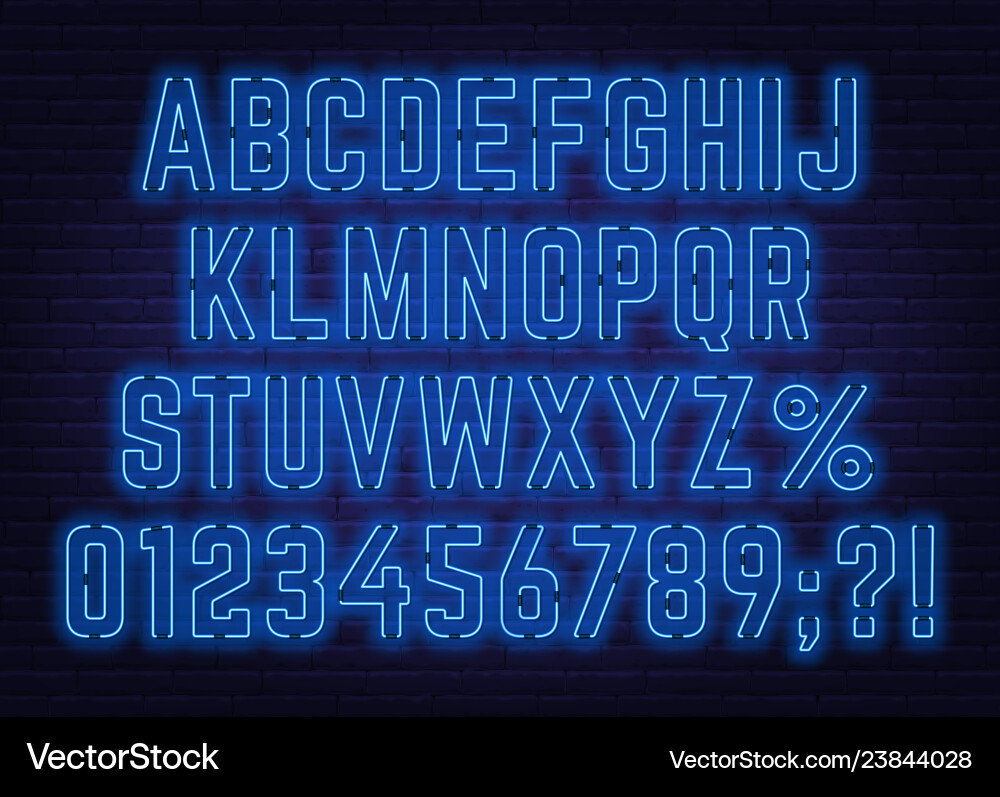 Neon blue font with numbers and punctuation marks Neon blue font with numbers and punctuation marks Vector Image