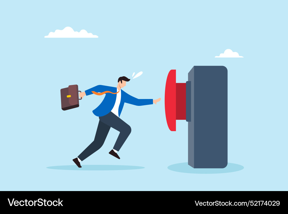Businessman running to push red start button Businessman running to push red start button vector image