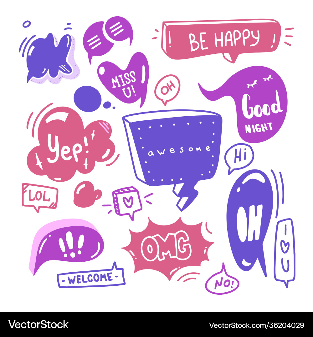 Doodle set speech bubbles with dialog text hi Vector Image