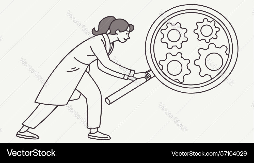 Engineer studies intricate gears with magnifying Vector Image