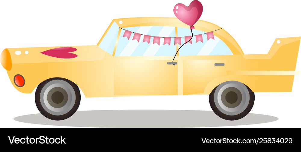 Just married yellow retro car with ribbon flag Just married yellow retro car with ribbon flag vector image