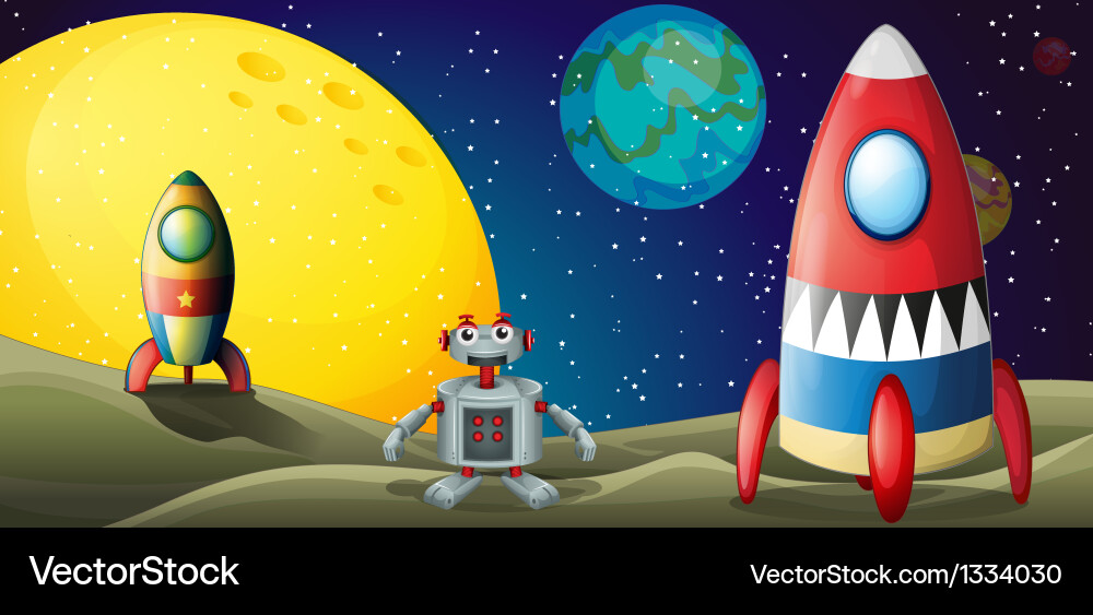 A robot between two spaceships at the outerspace vector image