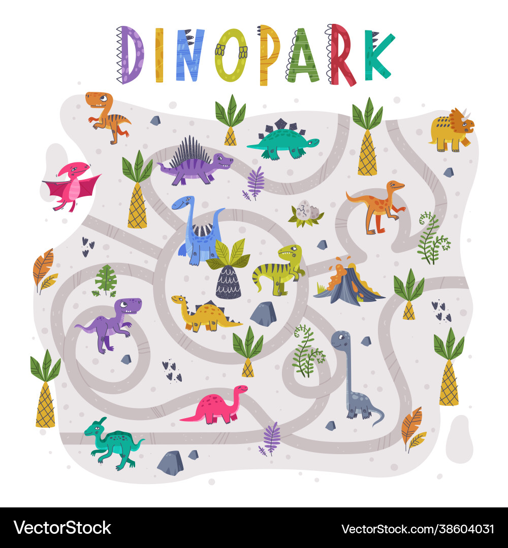 Dino Park Labyrinth oder Labyrinth Spiel mit lustig Dino Park Labyrinth oder Labyrinth Spiel mit lustig vektorbild