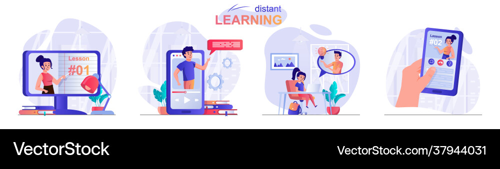 Distant learning concept scenes set online Distant learning concept scenes set online vector image