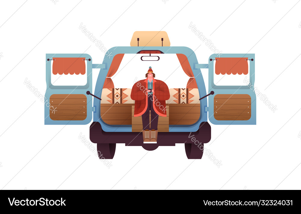 Frau im hinteren Wohnmobil camping van isoliert Frau im hinteren Wohnmobil camping van isoliert vektorbild