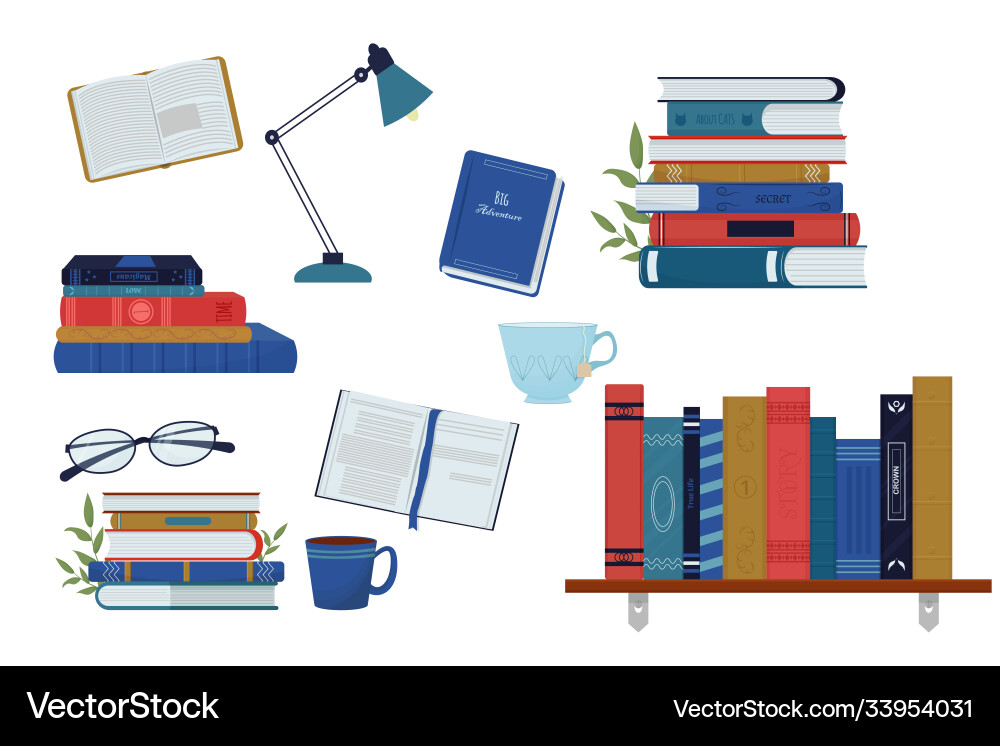 Set collection stack books bookshelf Set collection stack books bookshelf vector image