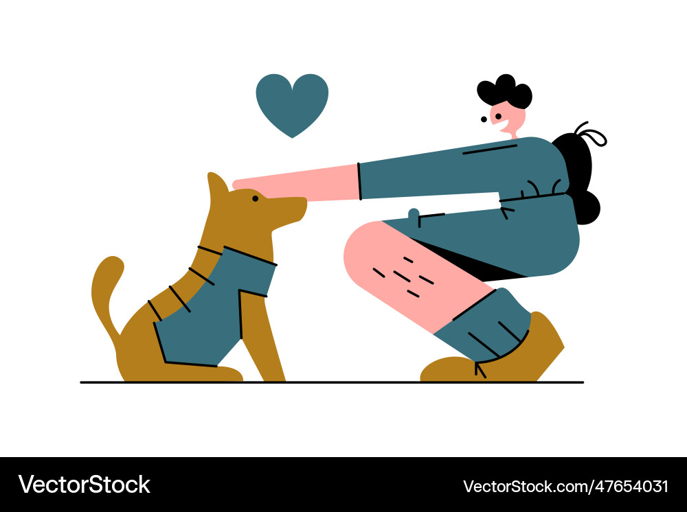 Young male sitting and petting dog concept Young male sitting and petting dog concept vector image