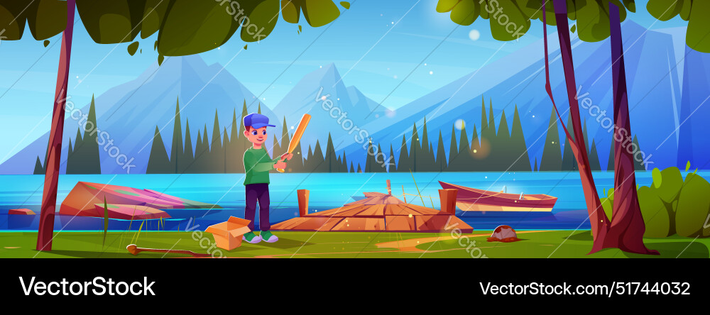Boy play near mountain lake dock with baseball bat Boy play near mountain lake dock with baseball bat vector image