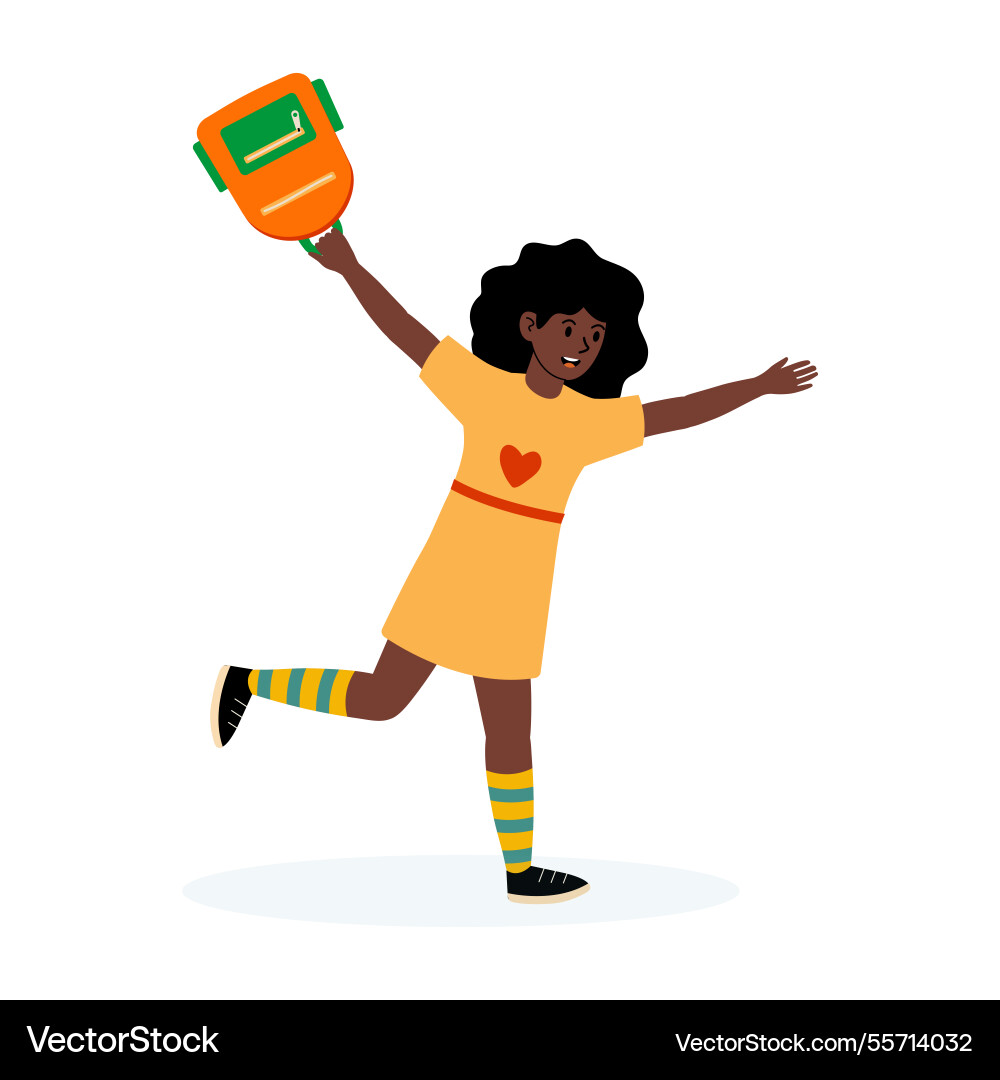 Child joyfully running with backpack in colorful Child joyfully running with backpack in colorful Vector Image