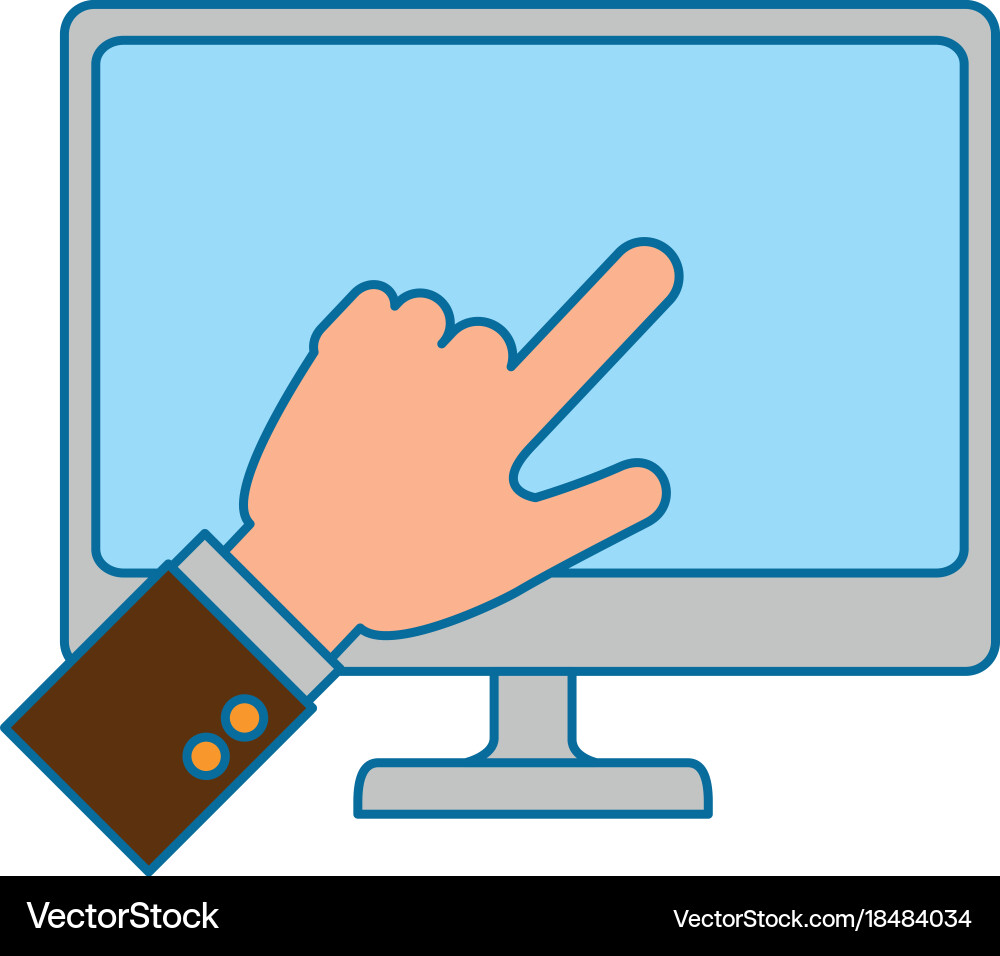 Desktop computer with hand touching vector image