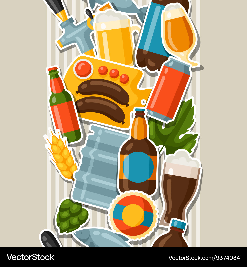Seamless pattern with beer stickers and objects vector image