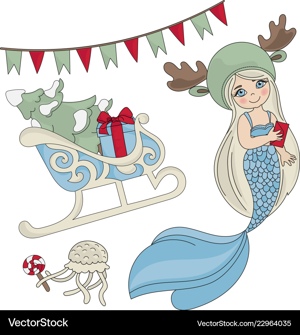 Mermaid sleigh new year color Vector Image