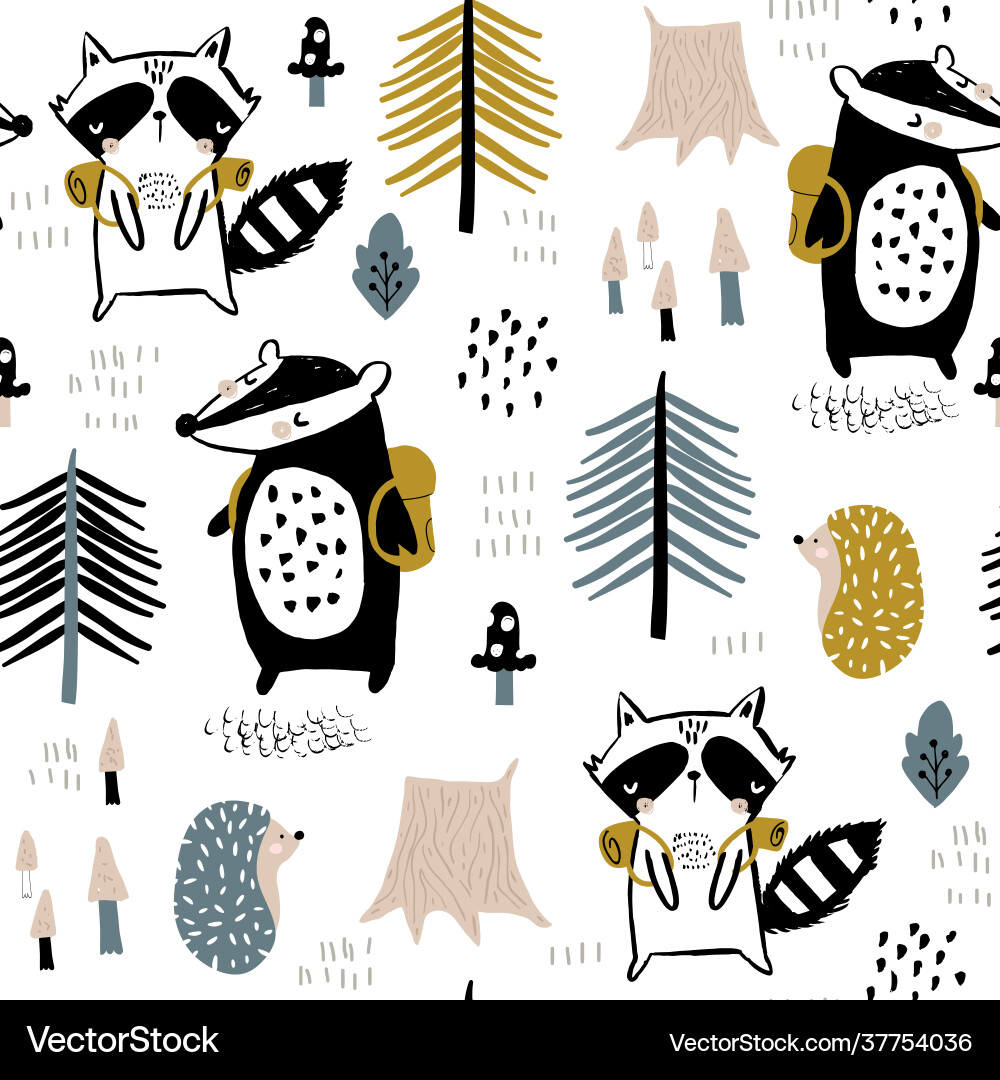 Seamless childish pattern with tourist raccoon vector image