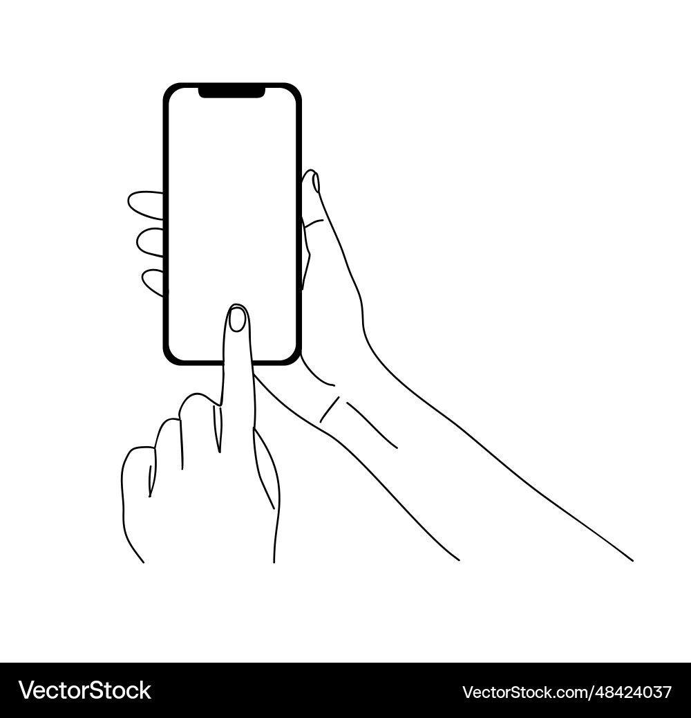 Hand holding mobile phone line art isolated Hand holding mobile phone line art isolated vector image