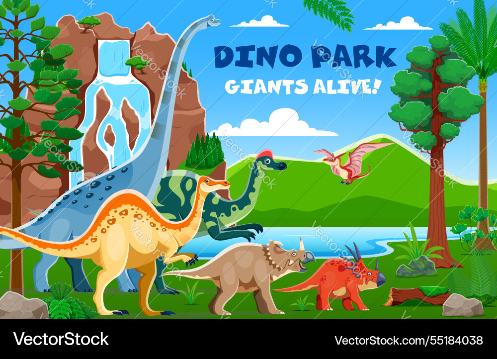 Dino park landscape cartoon dinosaur characters Dino park landscape cartoon dinosaur characters vector image