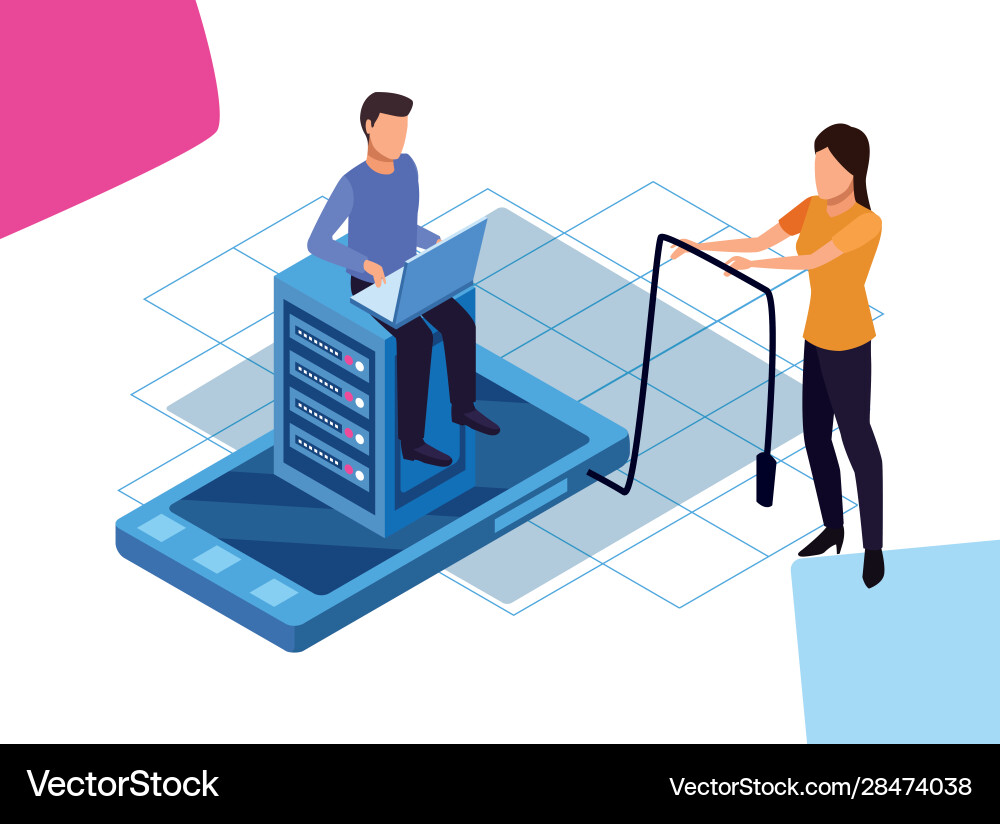 Man on data server and smartphone device woman vector image