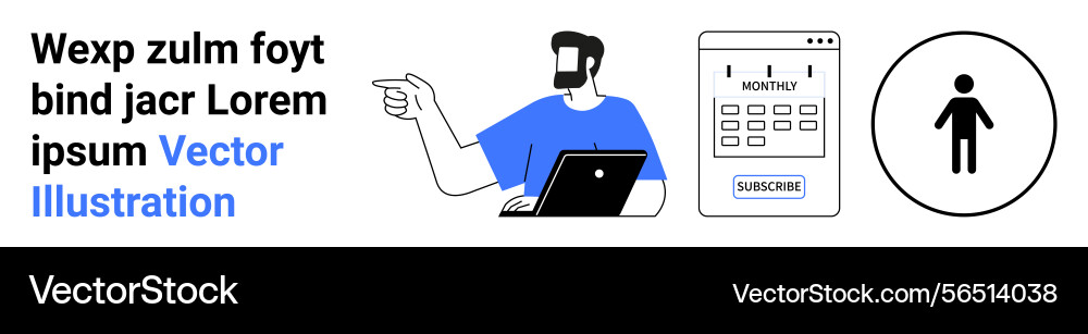 Man with laptop pointing at calendar interface Man with laptop pointing at calendar interface vector image