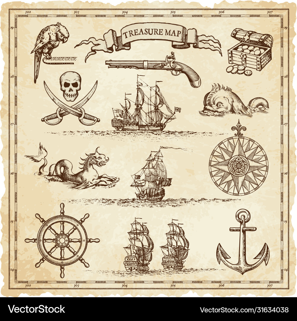 Pirate-vintage map elements Pirate-vintage map elements vector image