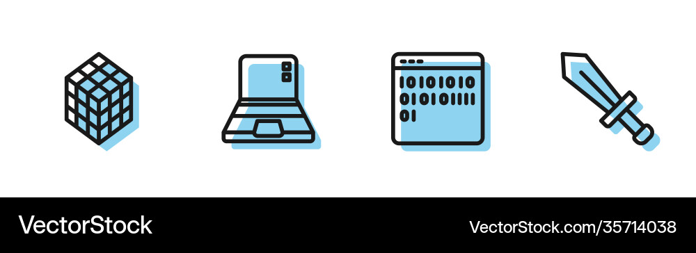 Set line binary code rubik cube laptop and sword vector image