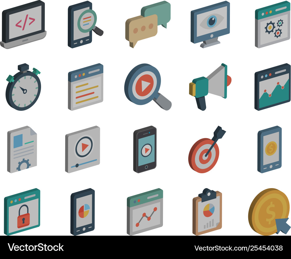 Web design and seo isometric icons set tha Web design and seo isometric icons set tha vector image