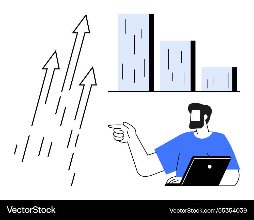 Businessman analyzing data with rising arrows Vector Image
