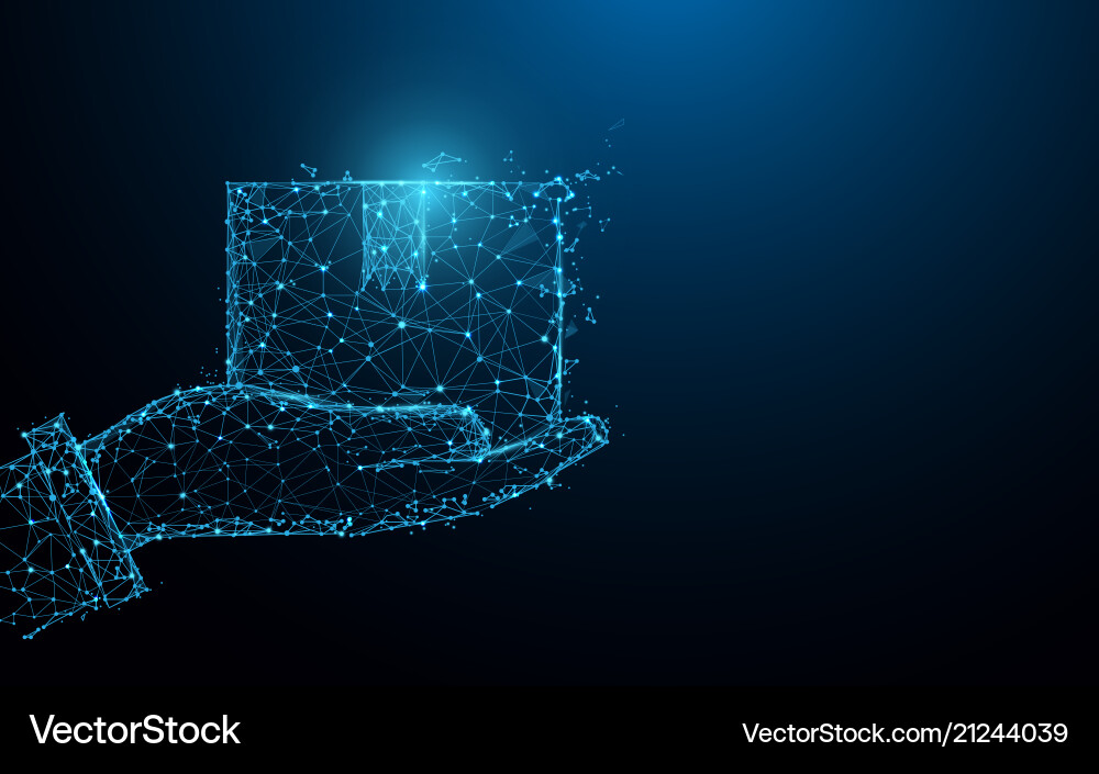 Hand holding package box form lines and particle vector image